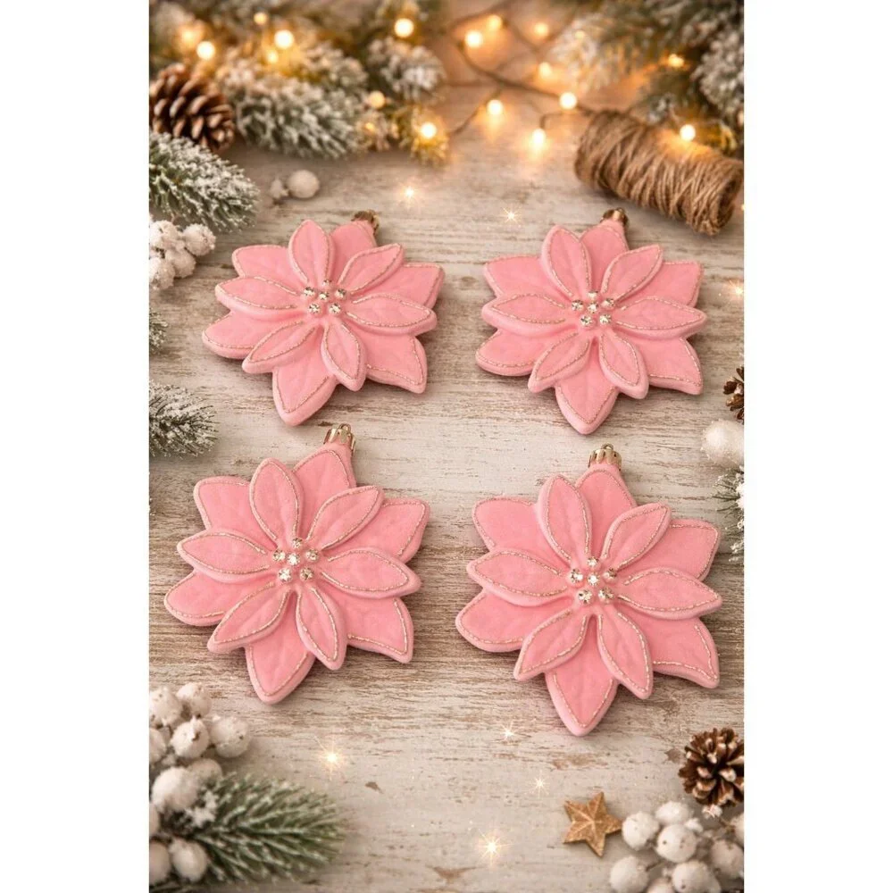 New 4 Retro Mid Century Modern Pink Flowers Christmas Tree Ornament Decoration